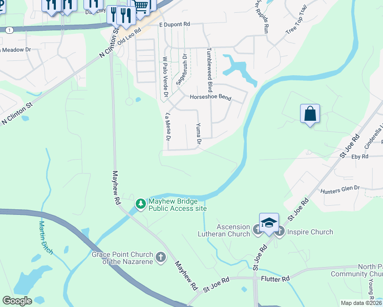 map of restaurants, bars, coffee shops, grocery stores, and more near 9607 Yuma Drive in Fort Wayne