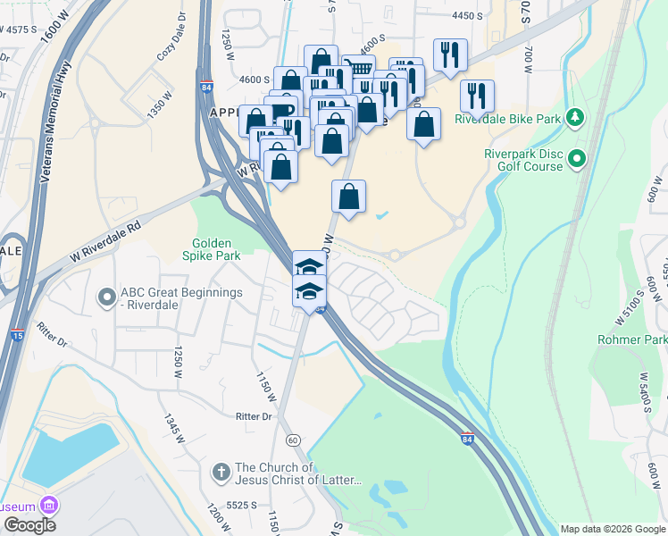 map of restaurants, bars, coffee shops, grocery stores, and more near 5100 South 1050 West in Riverdale