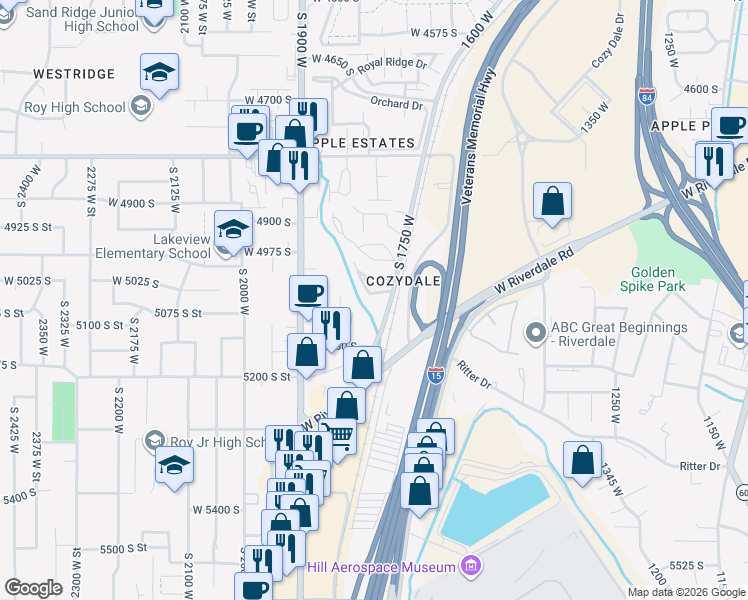map of restaurants, bars, coffee shops, grocery stores, and more near 1779 5125 South Street in Roy