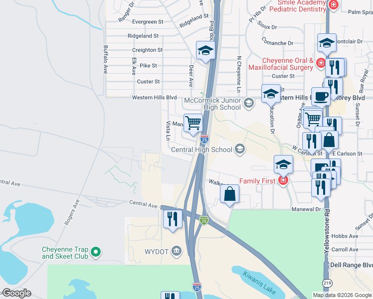 map of restaurants, bars, coffee shops, grocery stores, and more near 613 Harmony Lane in Cheyenne