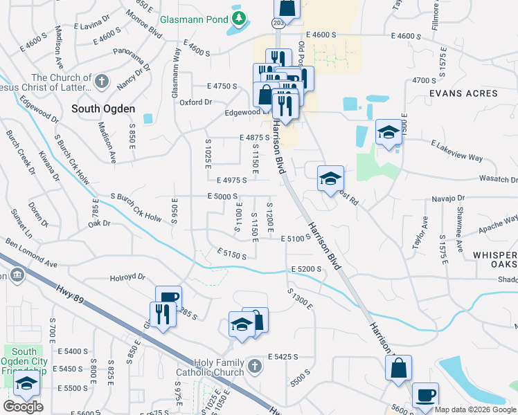 map of restaurants, bars, coffee shops, grocery stores, and more near 5026 South 1150 East in South Ogden