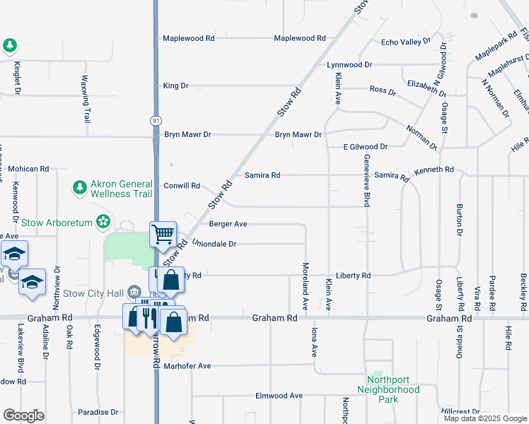 map of restaurants, bars, coffee shops, grocery stores, and more near 2074 Conwill Road in Stow