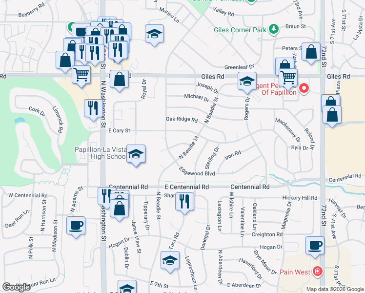 map of restaurants, bars, coffee shops, grocery stores, and more near 610 Woodbine Drive in Papillion