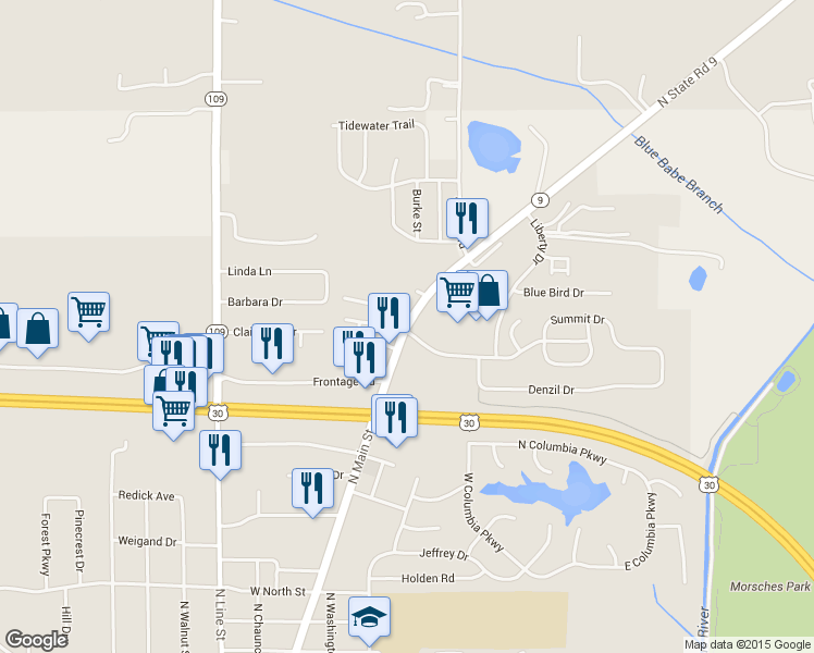 map of restaurants, bars, coffee shops, grocery stores, and more near 788 North State Road 9 in Columbia City