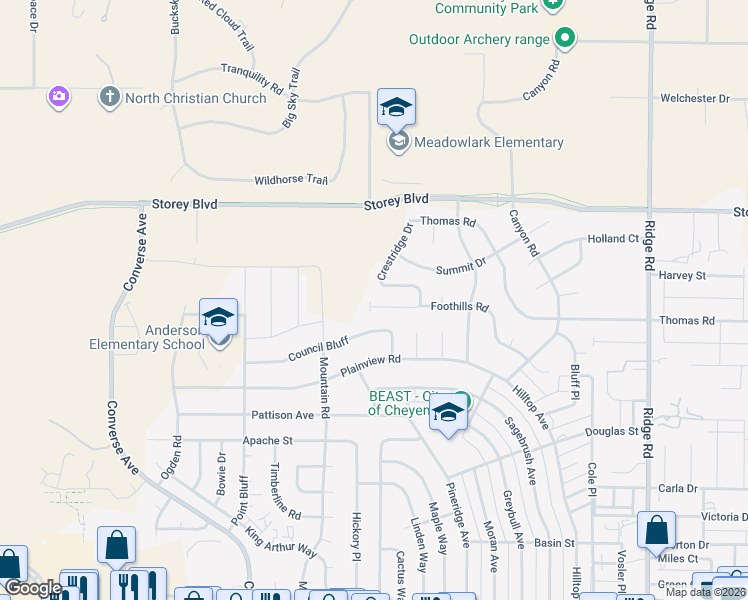 map of restaurants, bars, coffee shops, grocery stores, and more near 2524 Levi Road in Cheyenne
