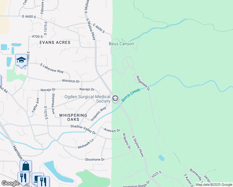 map of restaurants, bars, coffee shops, grocery stores, and more near 5056 Skyline Parkway in Ogden
