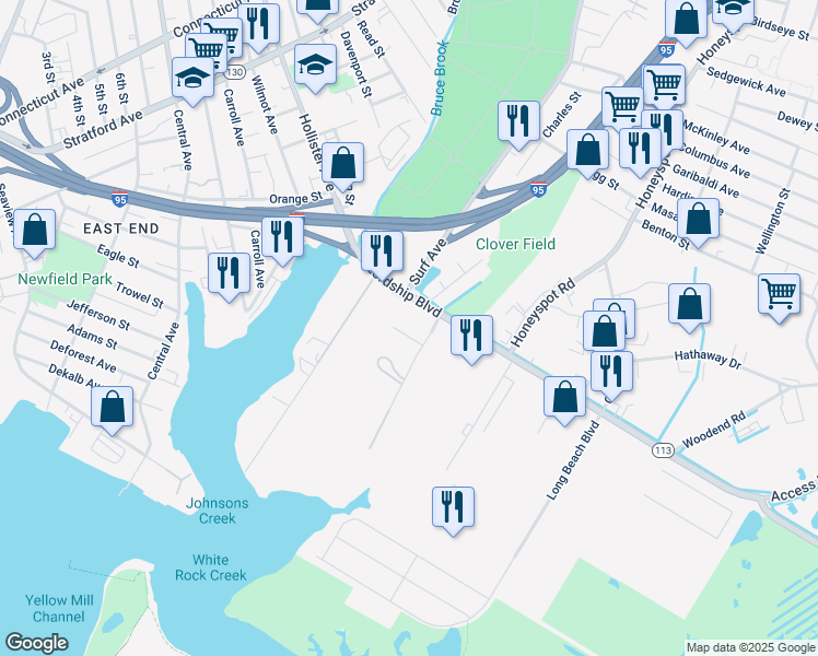 map of restaurants, bars, coffee shops, grocery stores, and more near 225 Lordship Boulevard in Stratford