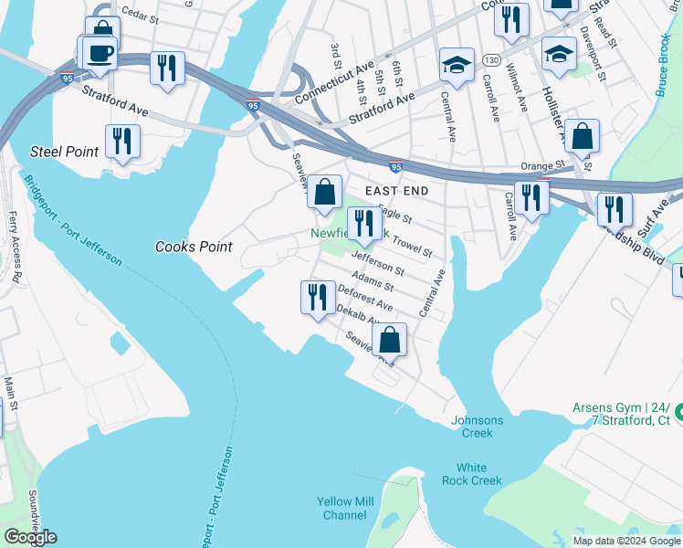 map of restaurants, bars, coffee shops, grocery stores, and more near 164-166 Jefferson Street in Bridgeport