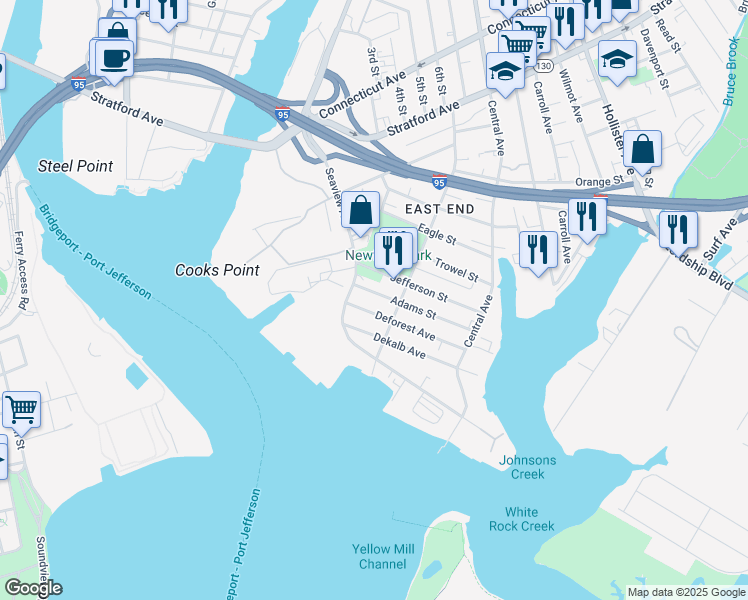 map of restaurants, bars, coffee shops, grocery stores, and more near 164-166 Jefferson Street in Bridgeport