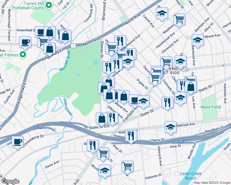 map of restaurants, bars, coffee shops, grocery stores, and more near 386 Mountain Grove Street in Bridgeport