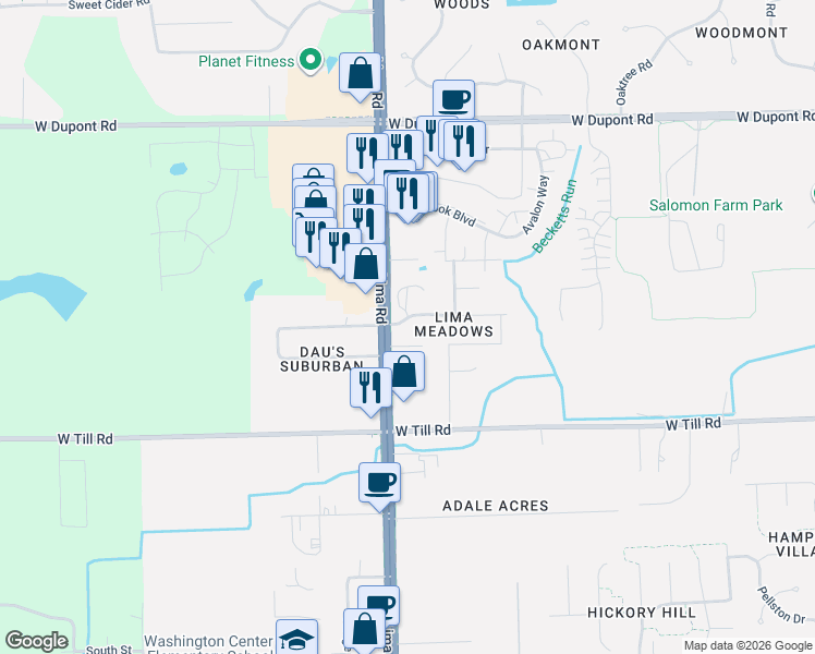 map of restaurants, bars, coffee shops, grocery stores, and more near 9700-9784 Lima Rd in Fort Wayne