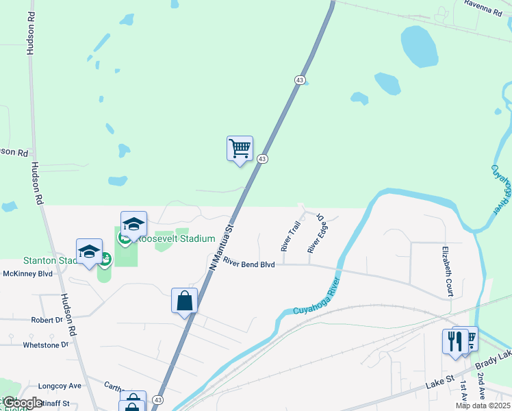 map of restaurants, bars, coffee shops, grocery stores, and more near 6662 Ohio 43 in Kent
