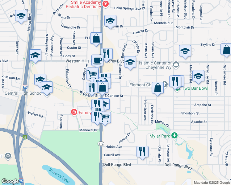 map of restaurants, bars, coffee shops, grocery stores, and more near 5720 Sunset Dr in Cheyenne