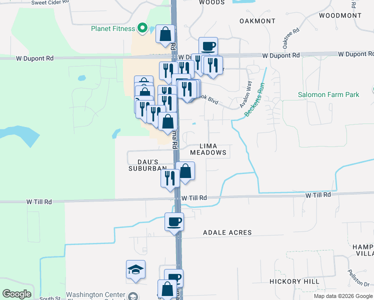 map of restaurants, bars, coffee shops, grocery stores, and more near 9700-9784 Lima Rd in Fort Wayne