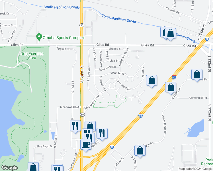 map of restaurants, bars, coffee shops, grocery stores, and more near 14211 Greenfield Road in Omaha