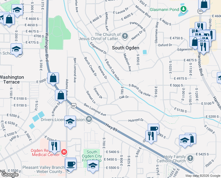 map of restaurants, bars, coffee shops, grocery stores, and more near 5055 Kiwana Drive in South Ogden