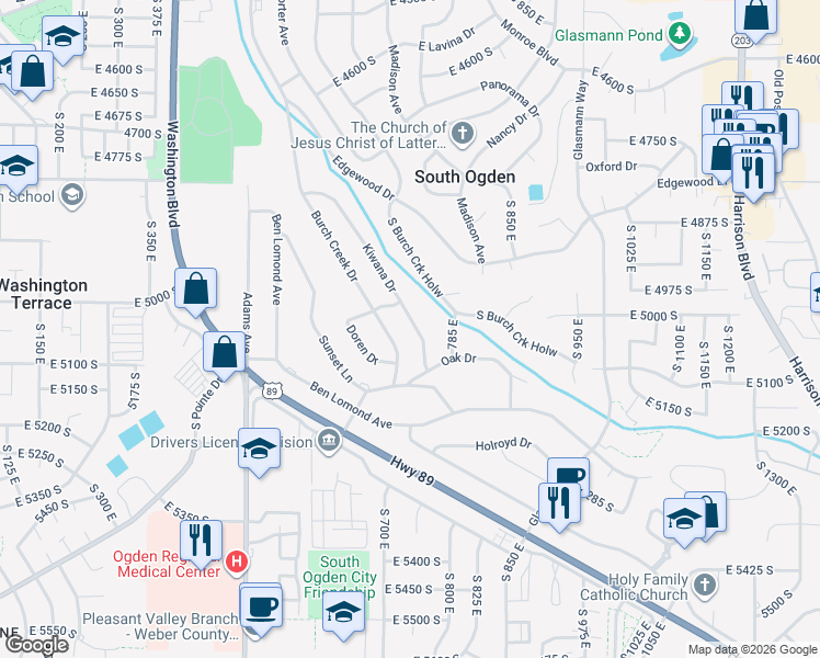 map of restaurants, bars, coffee shops, grocery stores, and more near 5055 Kiwana Drive in South Ogden