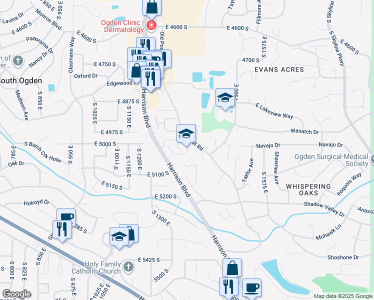 map of restaurants, bars, coffee shops, grocery stores, and more near 5030 Harrison Boulevard in Ogden