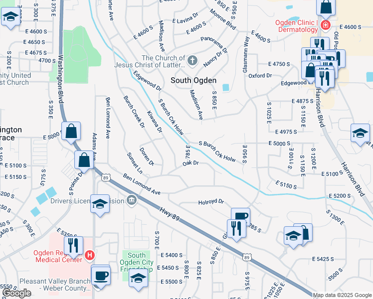 map of restaurants, bars, coffee shops, grocery stores, and more near 797 East Burch Creek Hollow in Ogden
