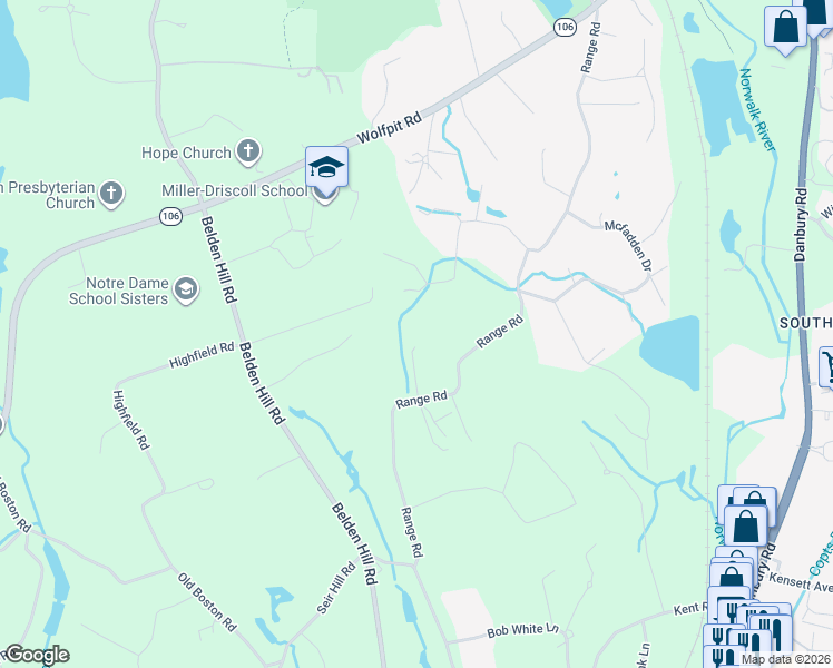 map of restaurants, bars, coffee shops, grocery stores, and more near 189 Range Road in Wilton