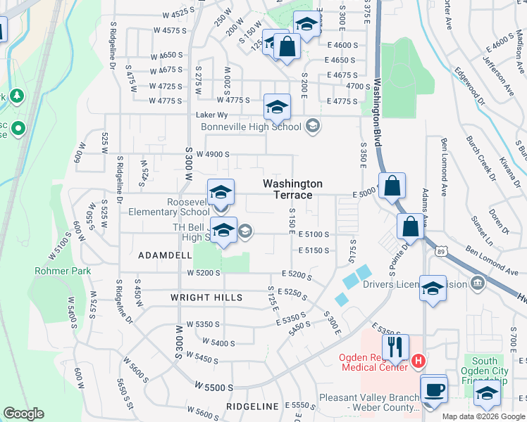 map of restaurants, bars, coffee shops, grocery stores, and more near 106 East 5050 South in Ogden