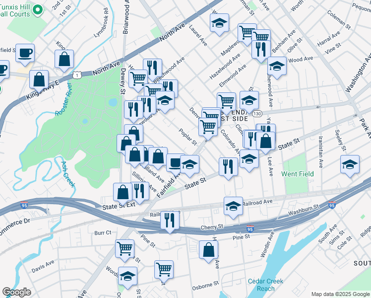 map of restaurants, bars, coffee shops, grocery stores, and more near 882 Hancock Avenue in Bridgeport