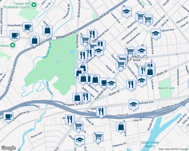 map of restaurants, bars, coffee shops, grocery stores, and more near 144 Lenox Avenue in Bridgeport