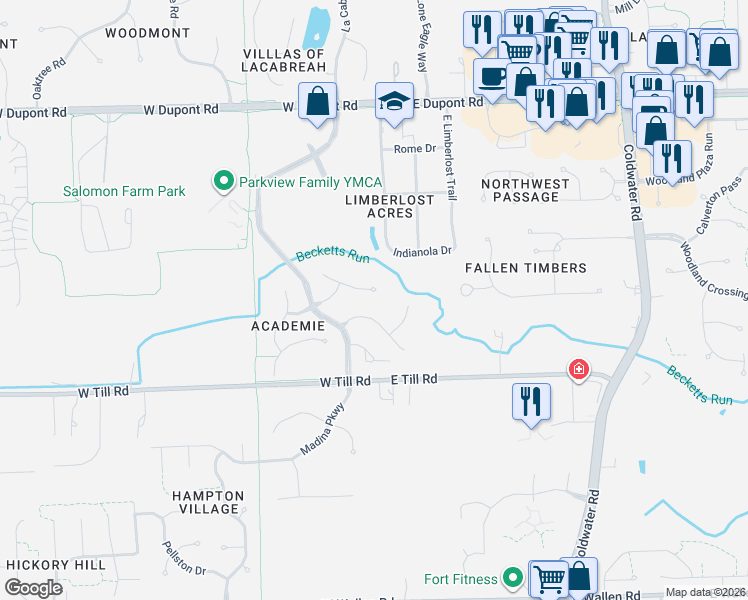 map of restaurants, bars, coffee shops, grocery stores, and more near 101 Cobblers Cove in Fort Wayne
