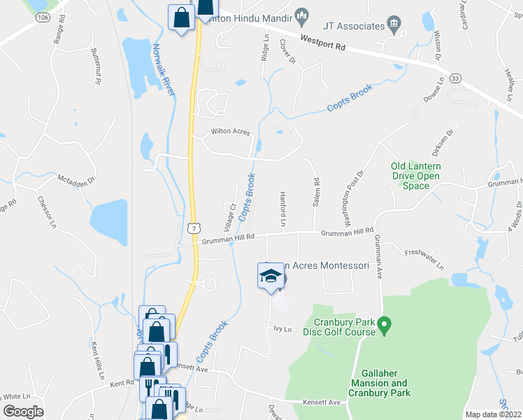 map of restaurants, bars, coffee shops, grocery stores, and more near 40 Village Court in Wilton