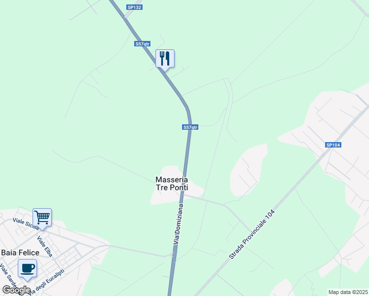 map of restaurants, bars, coffee shops, grocery stores, and more near 84 Via Domiziana in Provincia di Caserta