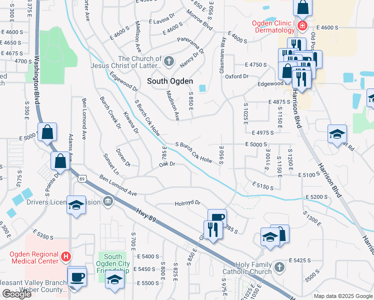 map of restaurants, bars, coffee shops, grocery stores, and more near 875 East Burch Creek Hollow in Ogden