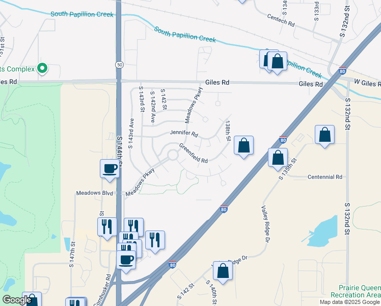 map of restaurants, bars, coffee shops, grocery stores, and more near 13945 Greenfield Road in Omaha