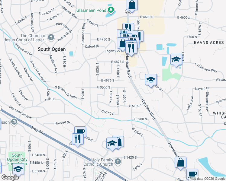 map of restaurants, bars, coffee shops, grocery stores, and more near 5014 South 1100 East in South Ogden
