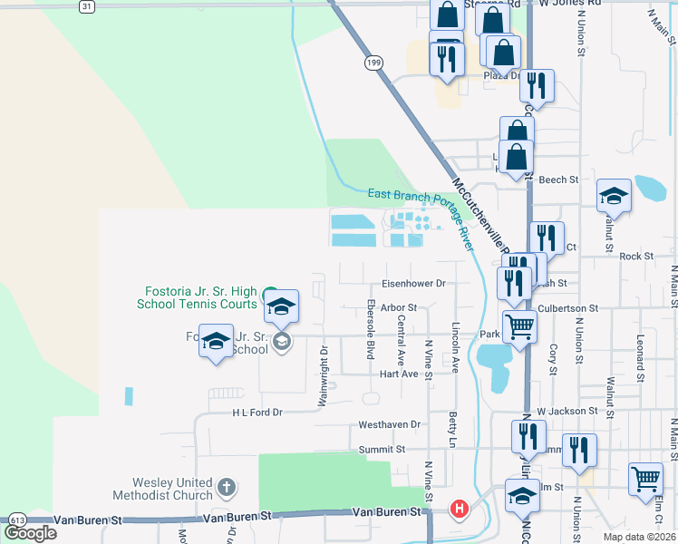 map of restaurants, bars, coffee shops, grocery stores, and more near 1208 Yonker Place in Fostoria
