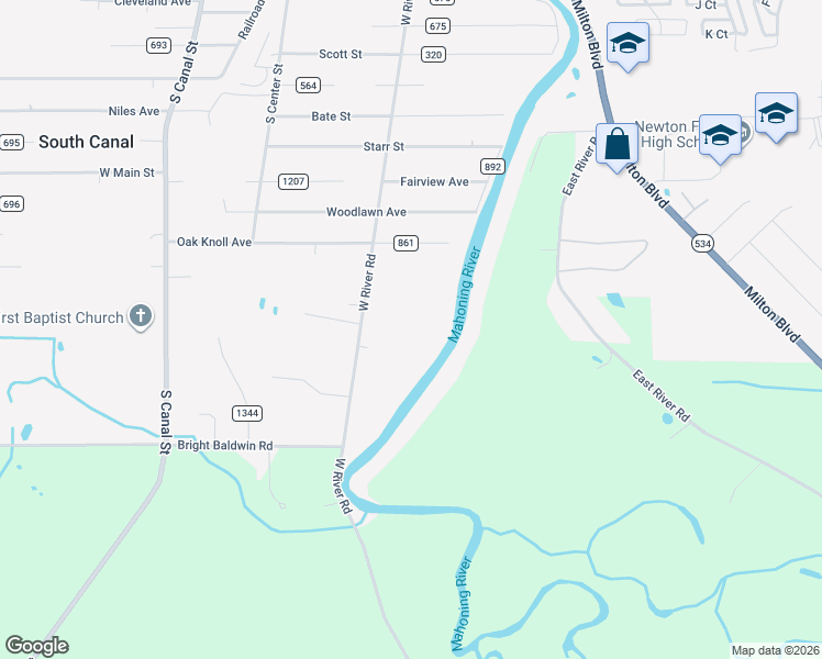 map of restaurants, bars, coffee shops, grocery stores, and more near 2597 West River Road in Newton Falls
