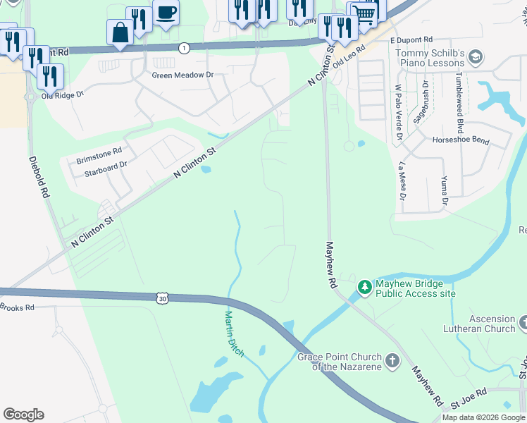 map of restaurants, bars, coffee shops, grocery stores, and more near 10048 North Clinton Street in Fort Wayne