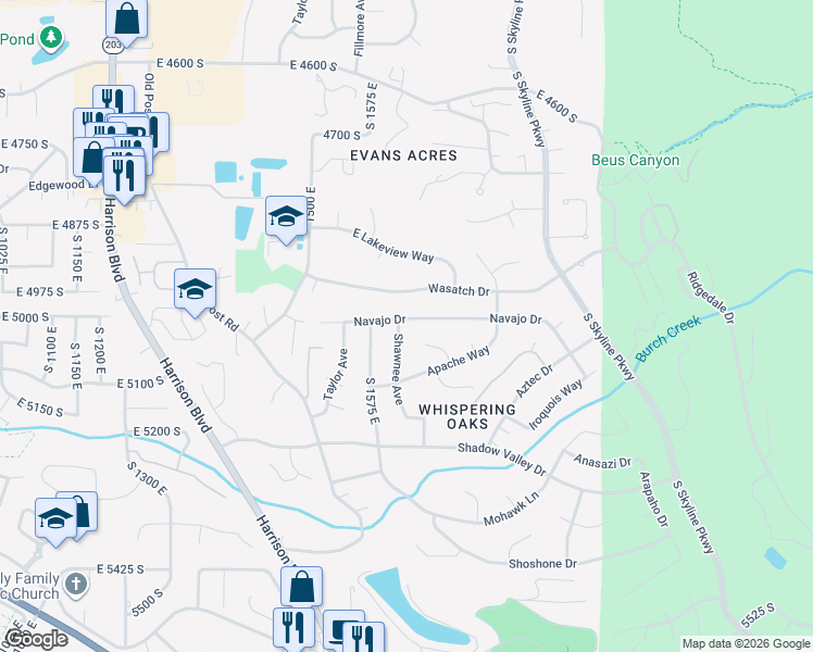 map of restaurants, bars, coffee shops, grocery stores, and more near 1634 East 5015 South in Ogden