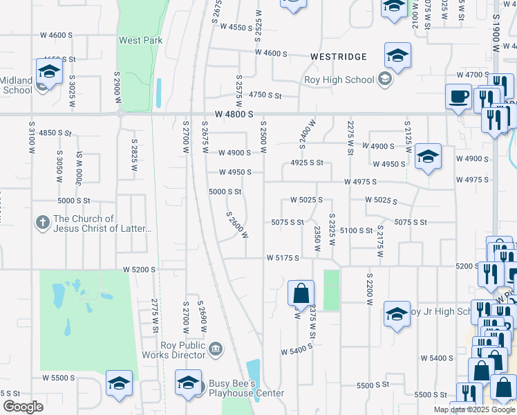 map of restaurants, bars, coffee shops, grocery stores, and more near 5024 South 2575 West in Roy