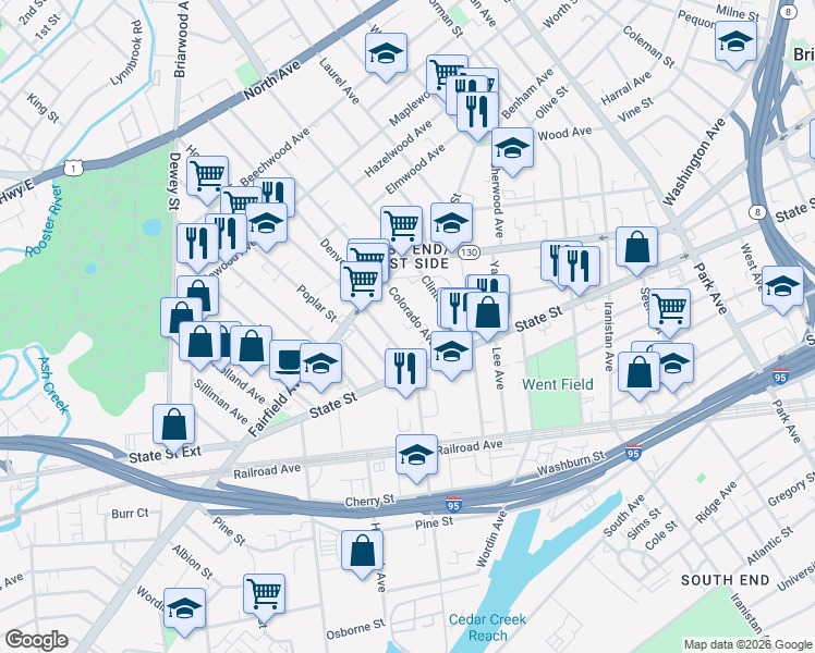 map of restaurants, bars, coffee shops, grocery stores, and more near 287 Colorado Avenue in Bridgeport