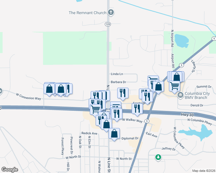 map of restaurants, bars, coffee shops, grocery stores, and more near Indiana 109 in Columbia City