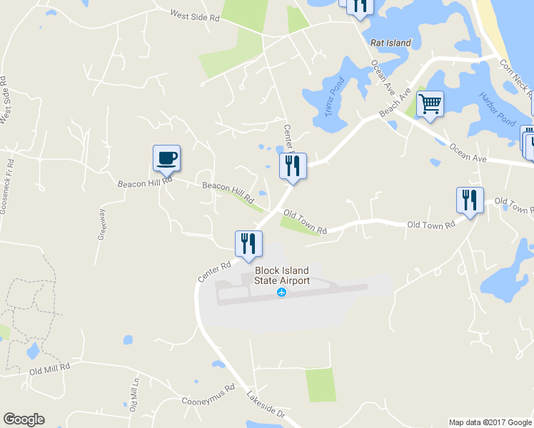 map of restaurants, bars, coffee shops, grocery stores, and more near 557 Center Road in New Shoreham