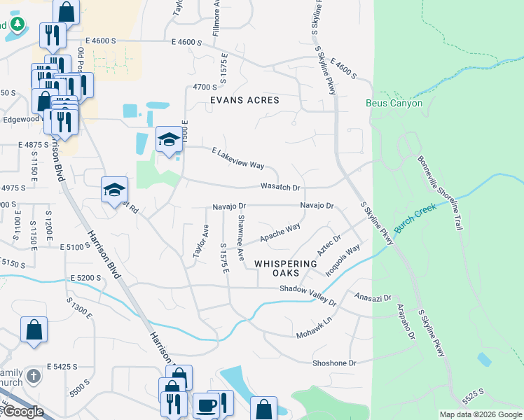 map of restaurants, bars, coffee shops, grocery stores, and more near 1663 Navajo Drive in Ogden