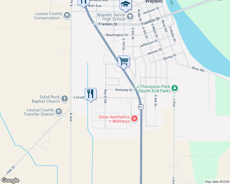 map of restaurants, bars, coffee shops, grocery stores, and more near 401-417 Kennedy Drive in Wapello