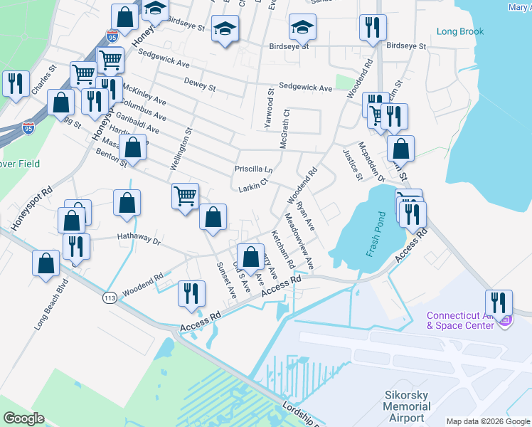 map of restaurants, bars, coffee shops, grocery stores, and more near 45 Early Avenue in Stratford