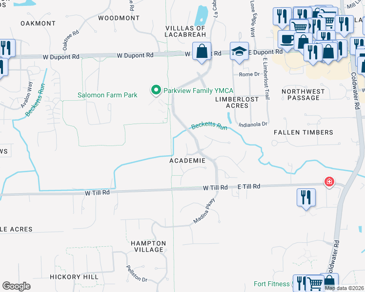 map of restaurants, bars, coffee shops, grocery stores, and more near 9615 Colsons Hill in Fort Wayne