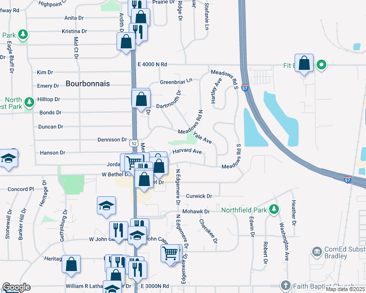 map of restaurants, bars, coffee shops, grocery stores, and more near 237 Harvard Avenue in Bourbonnais