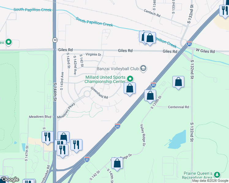 map of restaurants, bars, coffee shops, grocery stores, and more near 13822 Greenfield Road in Omaha