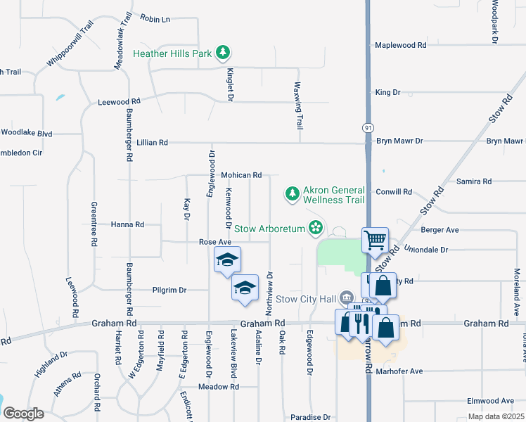 map of restaurants, bars, coffee shops, grocery stores, and more near 3872 Northview Drive in Stow