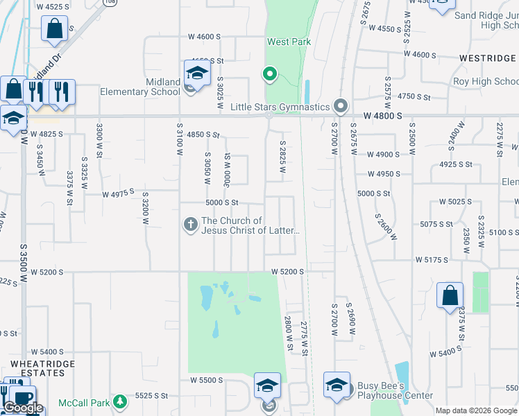 map of restaurants, bars, coffee shops, grocery stores, and more near 5037 South 2875 West in Roy