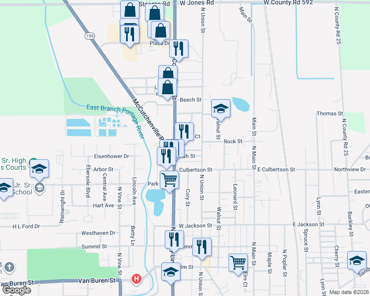 map of restaurants, bars, coffee shops, grocery stores, and more near 1230 North County Line Street in Fostoria